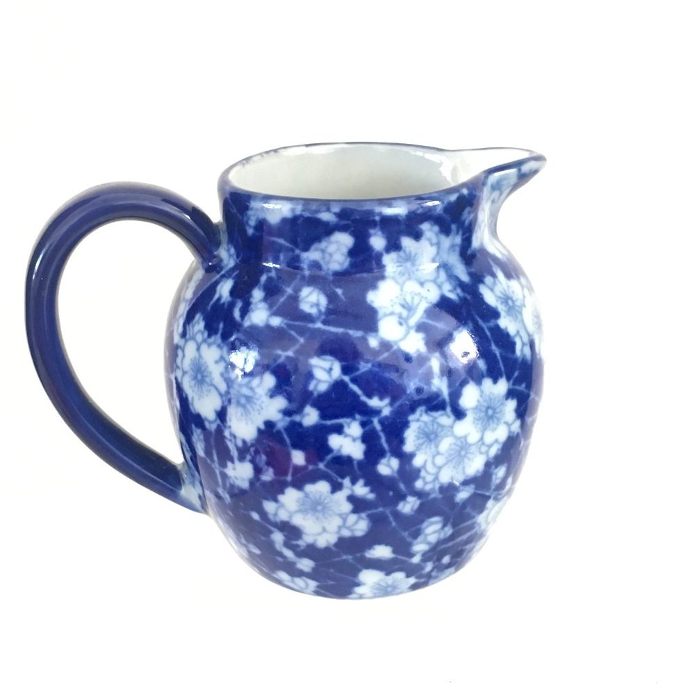 Ironstone China Pitcher Blue White Flow Ware Chintz Floral Marked 4.25" T #1